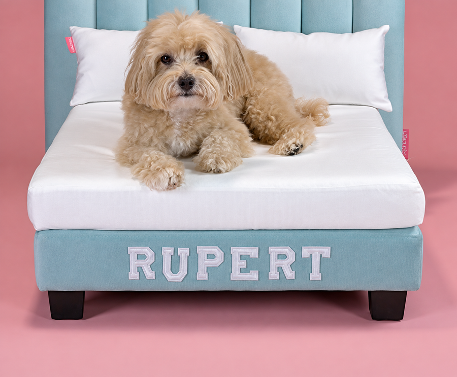 A Luxor bed with the naming kit letters spelling RUPERT across the base