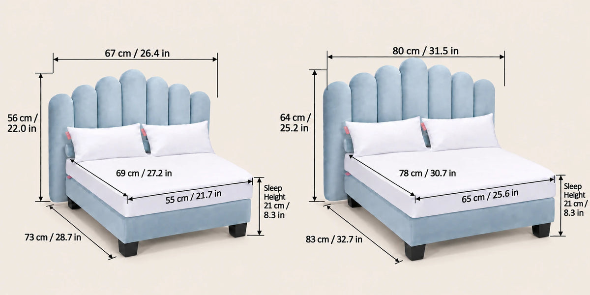 Luxor dimensions. Small: 67 cm wide, 73 cm deep, 56 cm high, mattress 69 by 55 cm. Large: 80 cm wide, 83 cm deep, 64 cm high, mattress 78 by 65 cm. Sleeping height 21 cm on both.