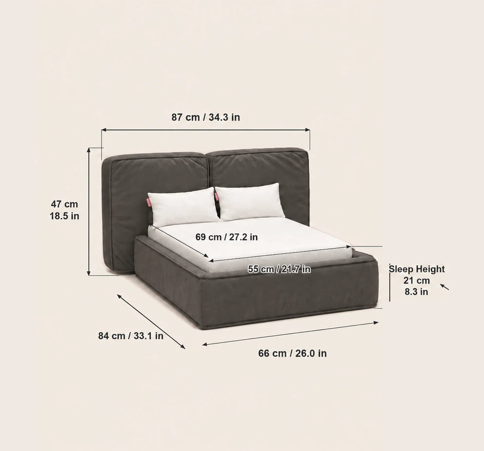 Soho Small dimensions: 87 cm (34.3 in) wide, 84 cm (33.1 in) deep, 47 cm (18.5 in) high, 66 cm (26.0 in) across the base. Mattress 69 cm (27.2 in) by 55 cm (21.7 in). Sleeping height 21 cm (8.3 in) off the floor.