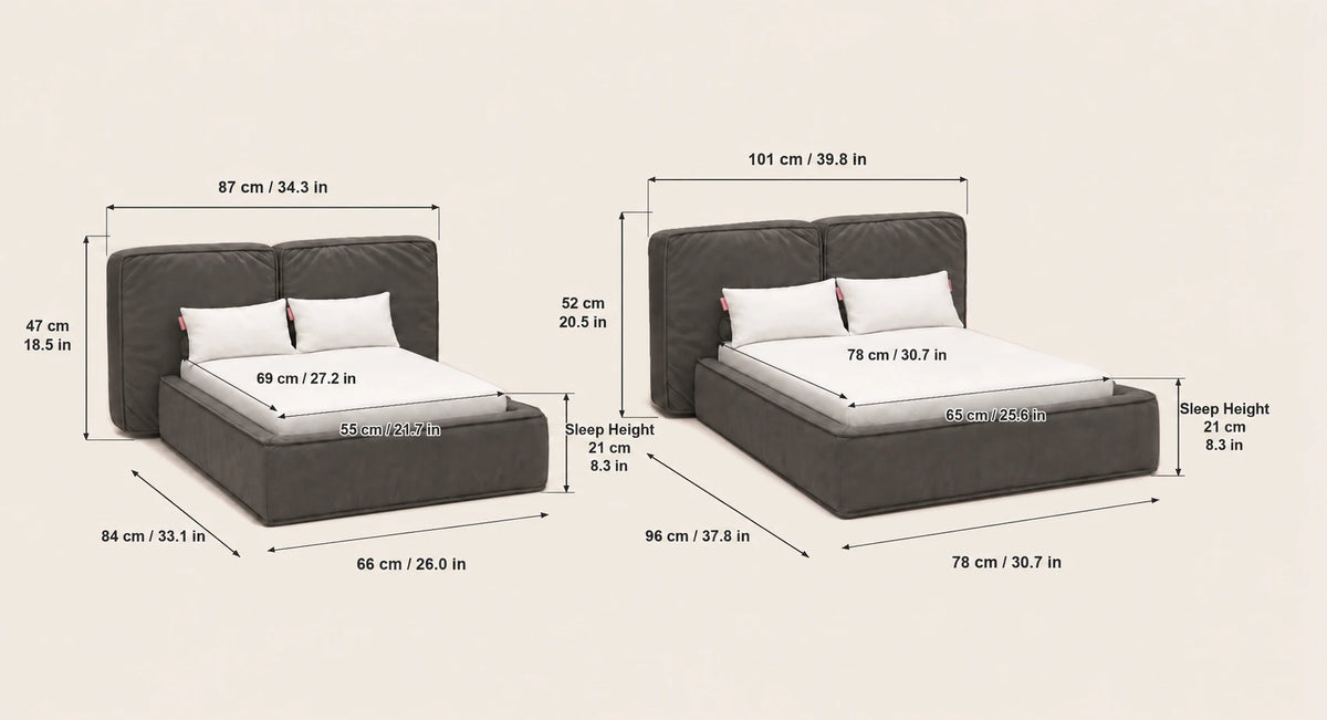 Soho dimensions. Small: 87 cm wide, 84 cm deep, 47 cm high, mattress 69 by 55 cm. Large: 101 cm wide, 96 cm deep, 52 cm high, mattress 78 by 65 cm. Sleeping height 21 cm on both.